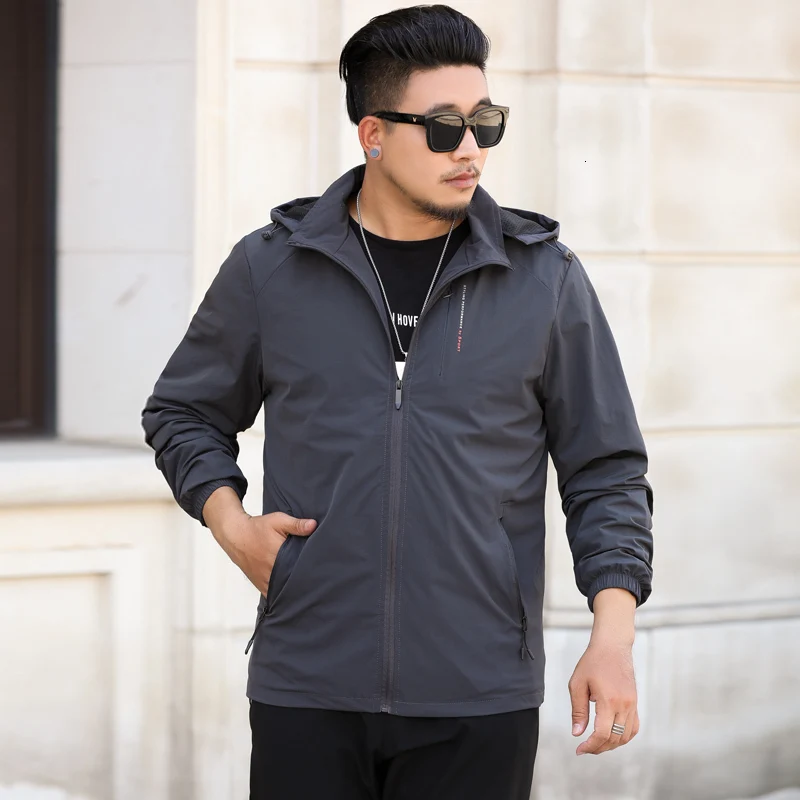 Новые мужские осенние куртки большого размера плюс 8XL 7XL 6XL5XL, мужские тонкие модные куртки с капюшоном на весну и осень, Мужская ветровка с капюшоном - Цвет: Gray