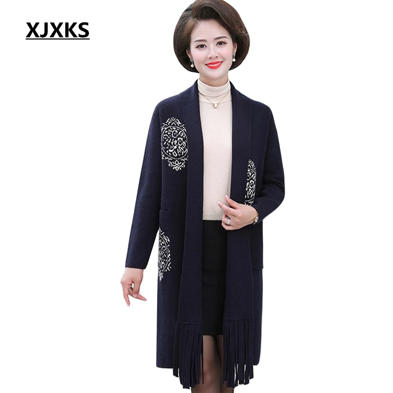 

XJXKS 2019 Autumn Winter New Long Coat Sweaters Women Sweater Cardigan Cashmere Sweater Women Knitted Female Tassel Long Coat
