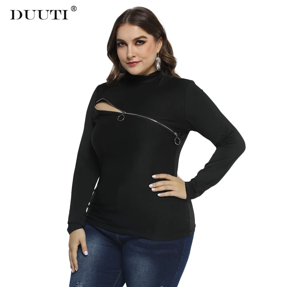 

DUUTI Zippered Long Sleeve Top Spring Autumn Women Plus Size Sexy Chic Front Chest Zipper Solid Stitching Round Neck T-shirt Q30