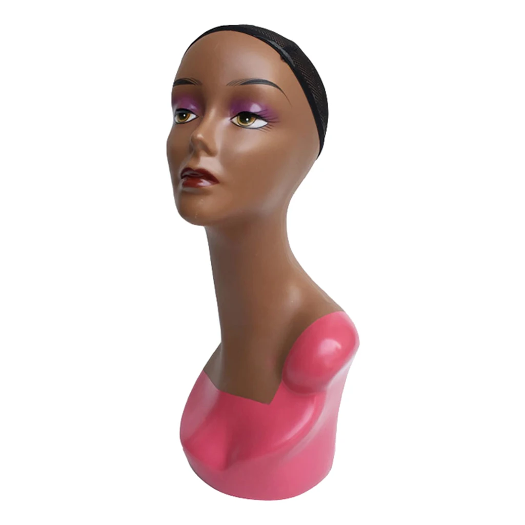 20-inch Female Mannequin Head Form with Full Makeup Display Stand for Wigs, Hats, Jewelry - Black Skin Tone