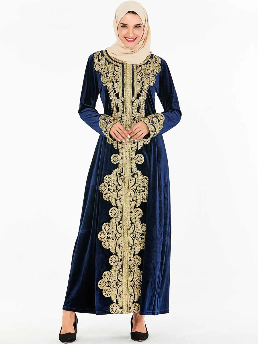 Dark blue Мусульманское платье, мусульманское, турецкое, модное, размера плюс, женское, Дубай, Вышитое, с длинным рукавом, арабское, золотое, бархатное платье, Ближний Восток, кимоно - Цвет: Dark blue