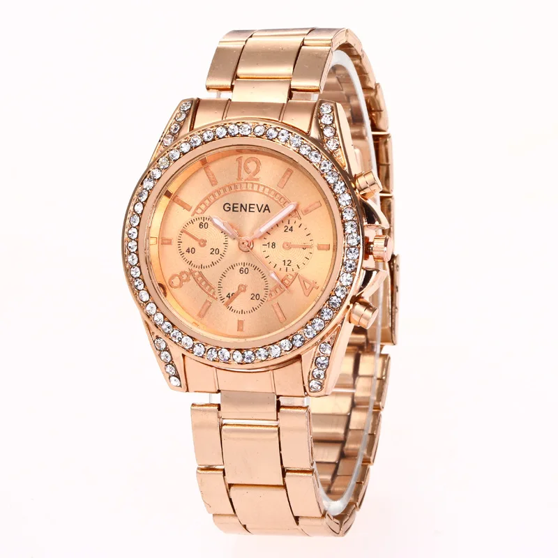

Geneva Steel Belt Diamond Set Three-Eyes Fashionable Watch
