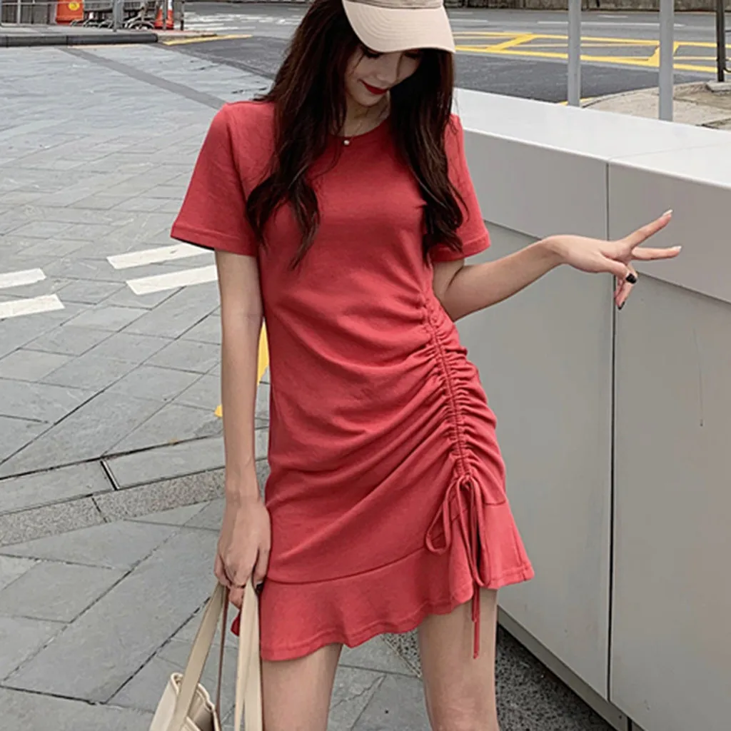 Jaycosin Fashion Summer Casual O-Neck Short Sleeve Elegant Women Summer Long Dress Ladies Slim Thin Solid Ruffles Knee Dress 319