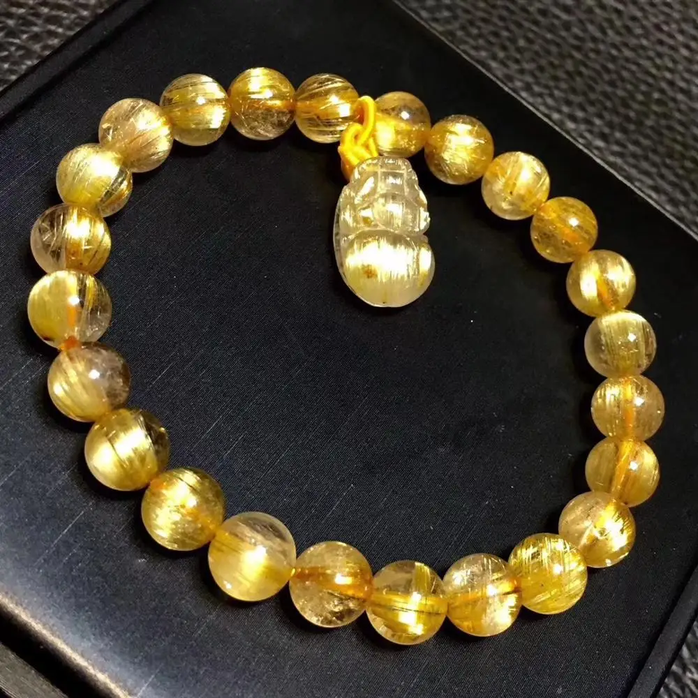 

Top Quality 8mm Natural Brazil Gold Rutilated Titanium Quartz Bracelet Pi Xiu Woman Man Round Beads Wealthy Crystal AAAAAA