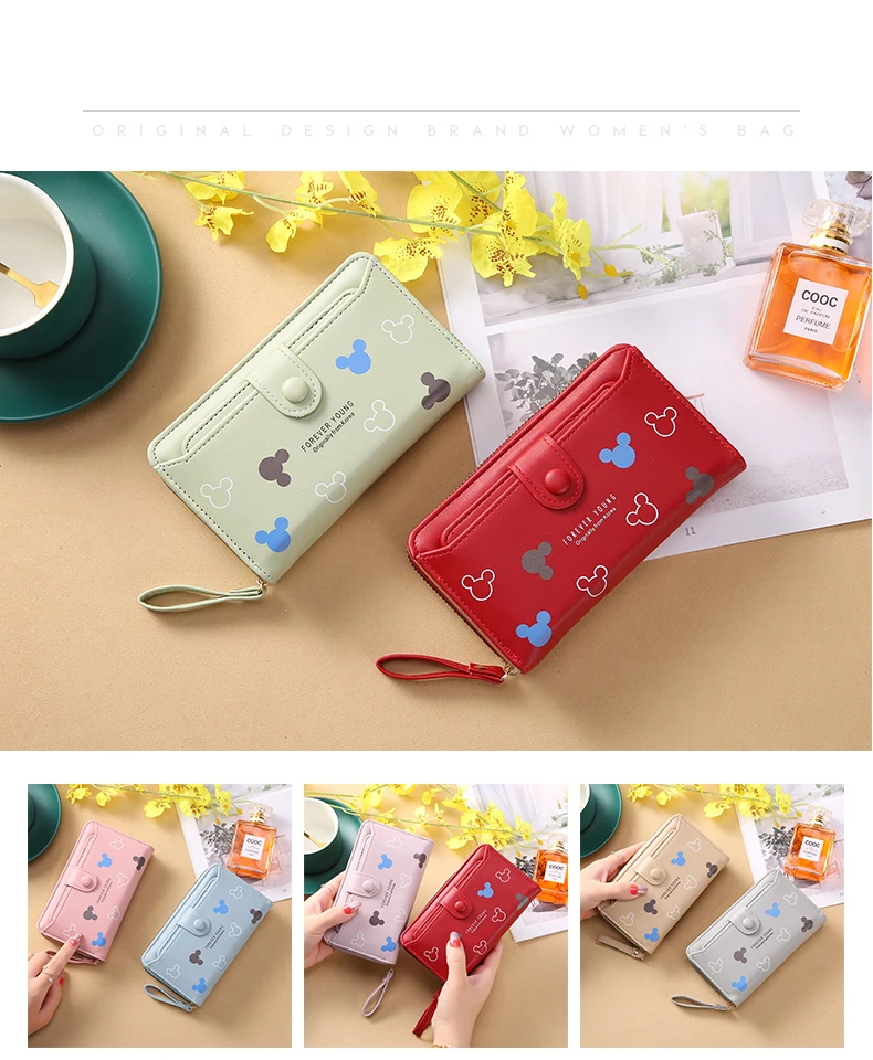 Lovely Mickey Cartoon PU Leather Lady Long Hand Holding Large-Capacity Card Holder Women`s Wallet Girl Fashion Mobile Phone Bag