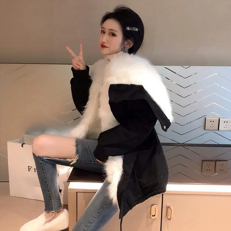 

Korean-style 2019 Winter New Style Joint Furry Thick Liner Coat Loose-Fit Long Sleeve Mid-length Workwear Cotton-padded Clothes