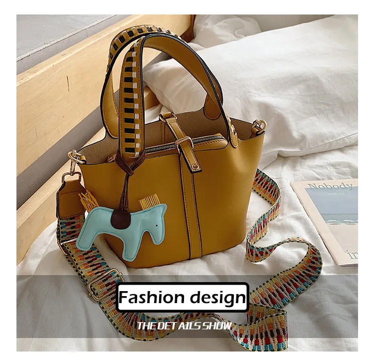 Women's Fashion Composite Bag 2pcs Female Leather Handbags Top Handle Bucket Bags Colorful Strap Crossbody Bag With Horse Tassel (5)