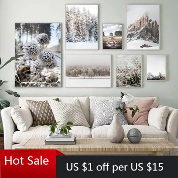 

Wall Art Canvas Painting Winter Forest Pine Plants Snow Mountain Nordic Prints Wall Pictures For Posters Aesthetic Room Decor