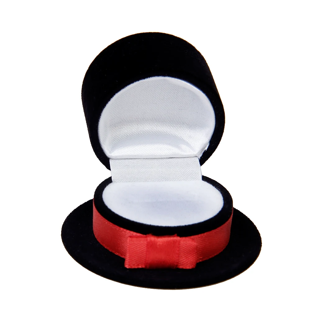 Velvet Black Hat Design Wedding Band Ring Storage Box Jewelry Display Case