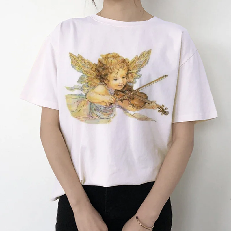 Футболка ангела Женская Kawaii печать 90s модная, с короткими рукавами женская забавная футболка винтажная мода футболка футболки с забавным принтом Ullzang