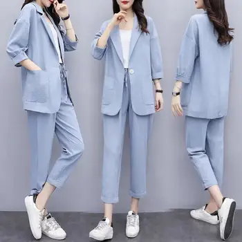 

2 Pieces Suits Women's Sets 2020 Summer Fashion Loose Thin Blazer Jacket +Chiffon Harem Pant Casual Trousers Women Suits