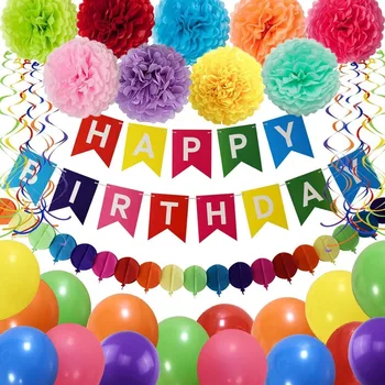 

Colorful Birthday Banner Tissue Paper Pompoms Wedding Decoration Paper Flowers Ball Balloons Baby Shower Birthday Party Balloons