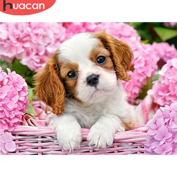 

HUACAN 5D DIY Diamond Painting Dog Diamond Mosaic Animal Picture Of Rhinestone Diamond Embroidery Cross Stitch Flower Decoration