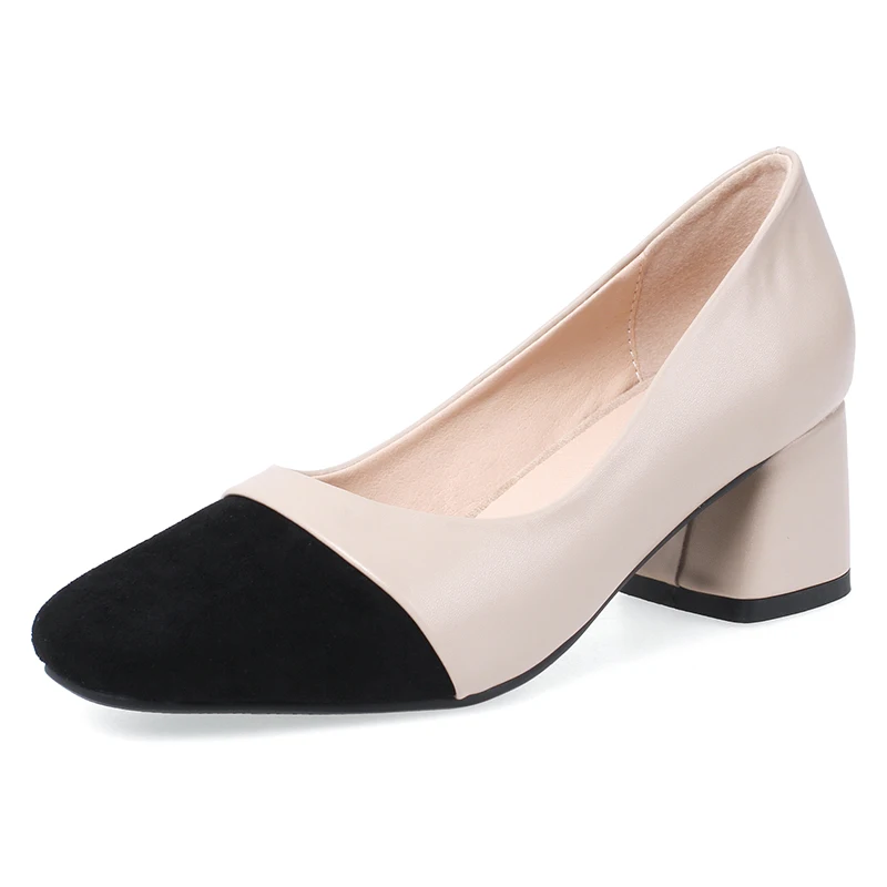 BYQDY Luxuy Brand Large Size Square Toe Black Chunky Heels Casual Pumps Women Shoes Slip On Shallow Shoes Lady Pumps Size 43 - Цвет: beige black