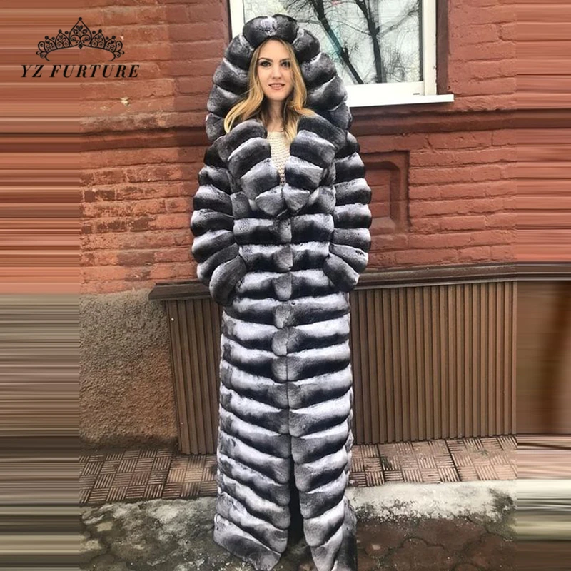 Размера плюс S-8XL зимнее толстое Шиншилла Цвет натуральный мех пальто для женщин натуральная Шуба из кролика рекс пальто куртка длинный стиль