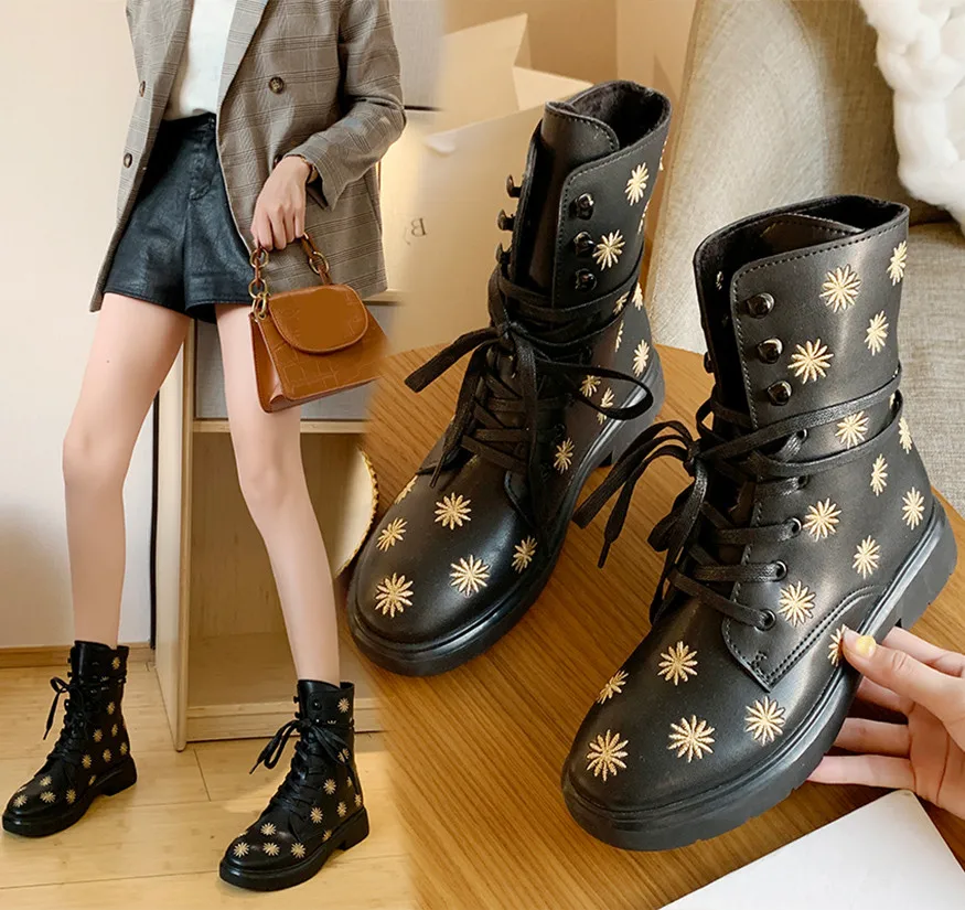 

Women's Short Boot Lace Up Boots Autumn Shoes Bootee Woman 2019 Round Toe Booties Ladies Luxury Designer Low Heels booties