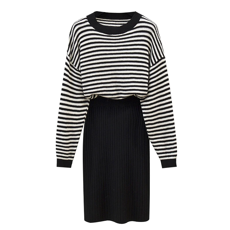 

striped sweater set loose 2019 fall and winter sweaters wide knitted skirts casual clothes two-piece outfit