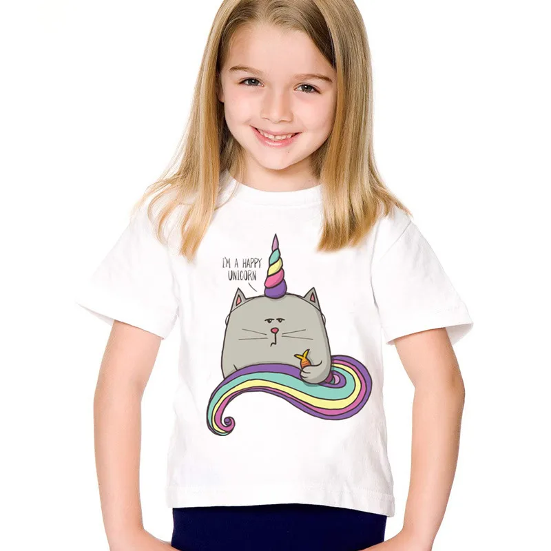 Children Cartoon Print Cute Cat Unicorn Funny Tshirts Kids Summer Tees
