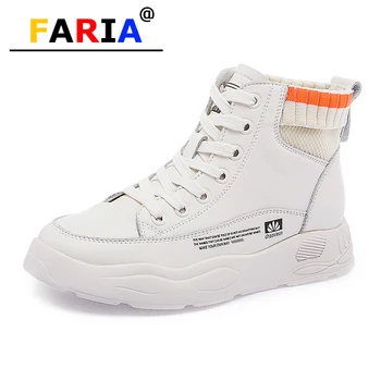 

2020 fashion high top med 5cm back sock genuine leather sneakers women flat platform white round toe causal Spring/Autumn female