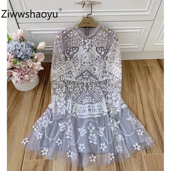 

Ziwwshaoyu Designer High End Autumn Sequin Embroidery Mesh Dress Women's Elegant Long Sleeve Party Sexy Dresses
