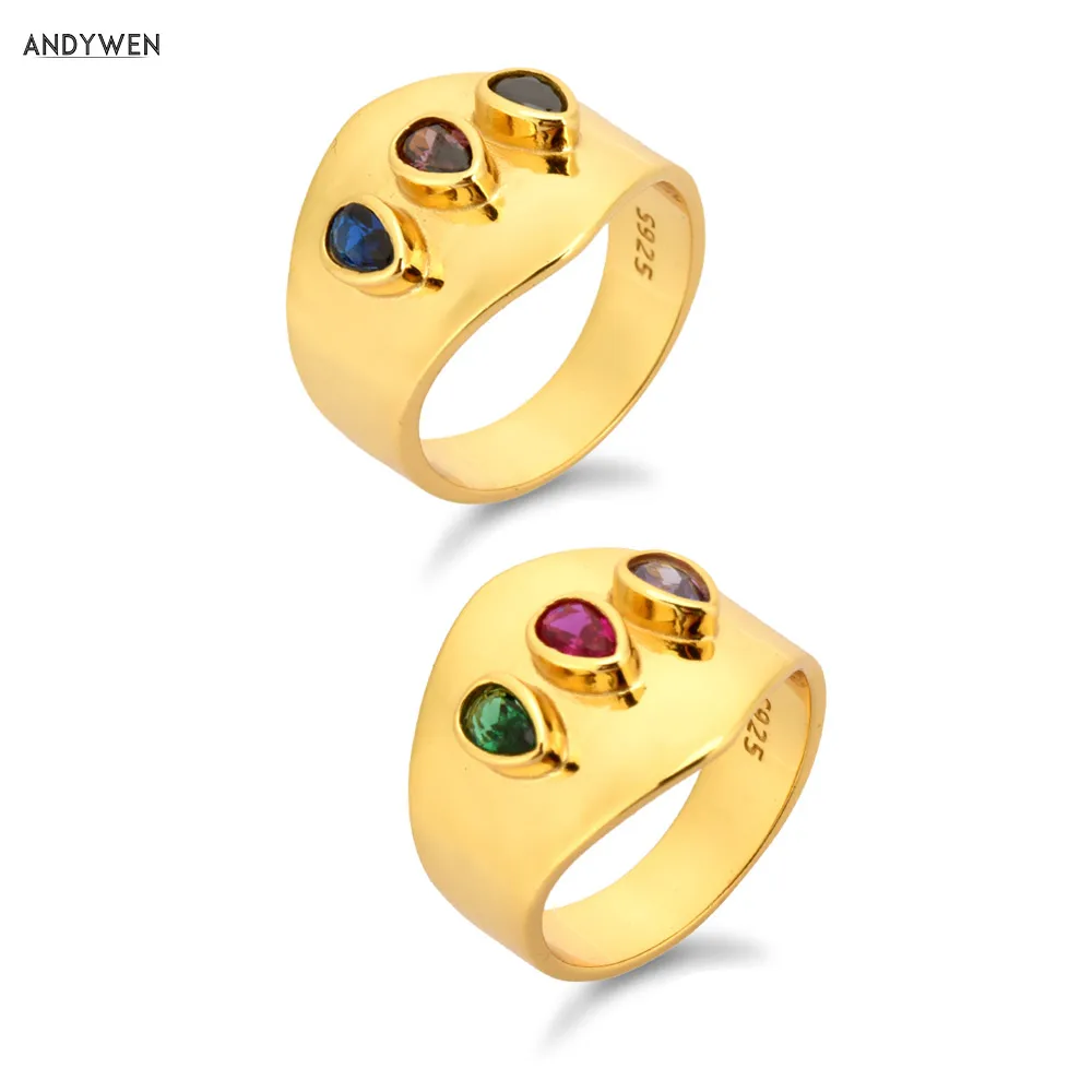 ANDYWEN 925 Sterling Silver Gold Gemstone Big Large Rings Three Zircon Red Green Brown Colorful Zircon Rock Punk Jewelry ANDYWEN 925 Sterling Silver Gold Gemstone Big Large Rings Three Zircon Red Green Brown Colorful Zircon Rock Punk Jewelry