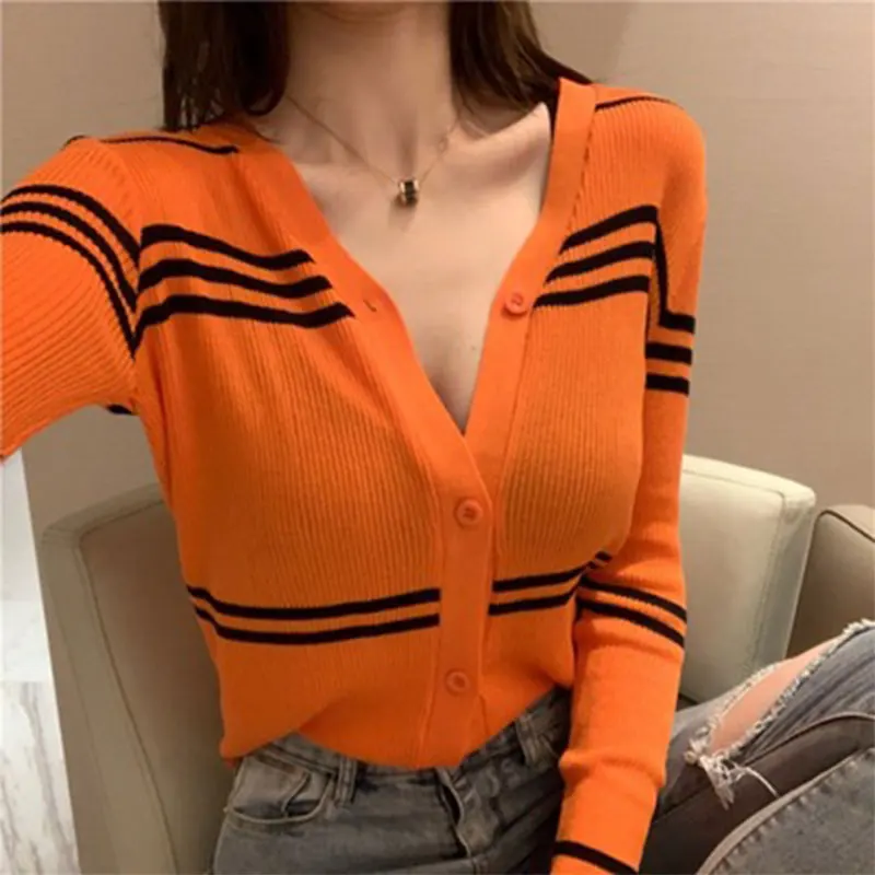 2020 Cardigan Women's Sweaters Spring and Autumn Thin Section Stripe V-Neck Sweater Single Breasted Coat Cardigan Long Sleeve