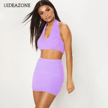 

UIDEAZONE Flurry Women Two Piece Set Halter Crop Tank Top Skirts Sets Woman Suits 2020 Autumn Spring