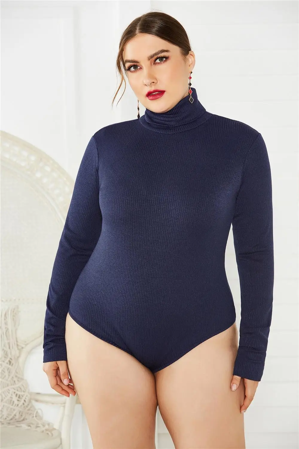 Новые брендовые осенние зимние комбинезоны для женщин с длинным рукавом свитер с высоким воротником вязаный боди стрейчевое большого размера женский комбинезон 5XL - Цвет: 3-FP8005 dark blue