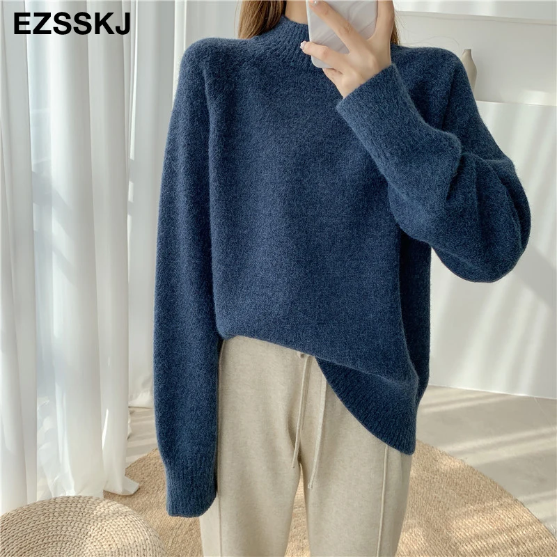 New casual thick Autumn Winter o-neck oversize Sweater Pullover Women warm chic female loose Knitted Basic Sweaters pull - Цвет: Тёмно-синий