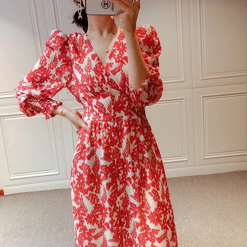 

Retro Print Flowers Sexy V-Neck Long Sleeve Single-Breasted Elegant Temperament Party High-Quality Women'S Dress Fashion New