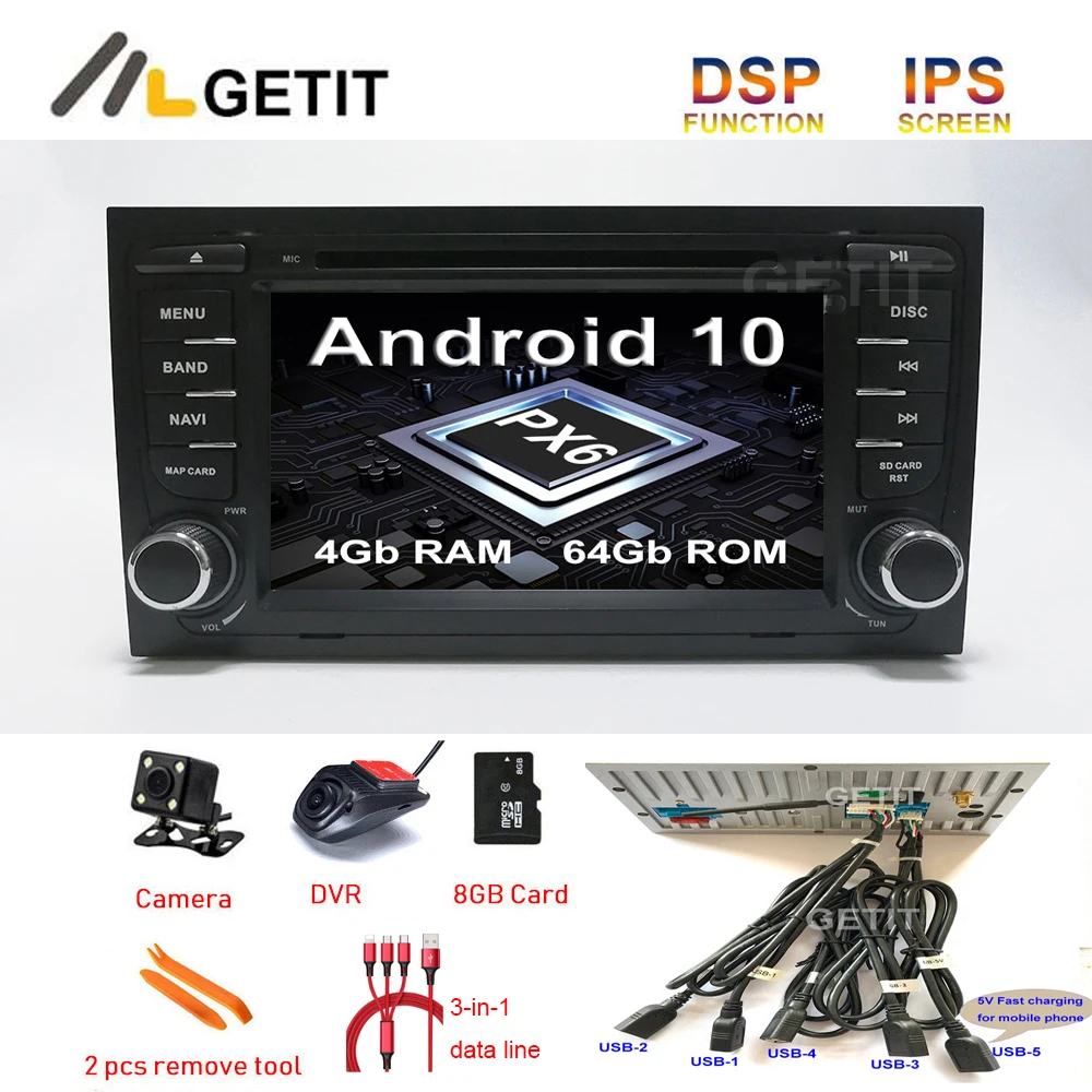 5-USB DSP Android 10 Car DVD Stereo Radio GPS for Audi A4 ( 2002-2008 ) | Автомобили и мотоциклы