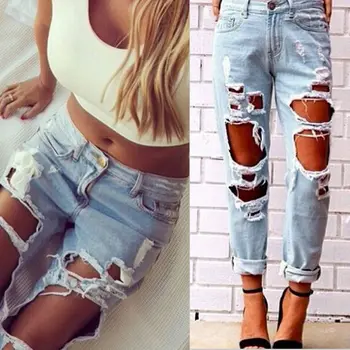 

Sexy Blue Jeans Women Ladies Summer High Waist Destroyed Ripped Distressed Slim Cool Denim Pants Boyfriend Trousers