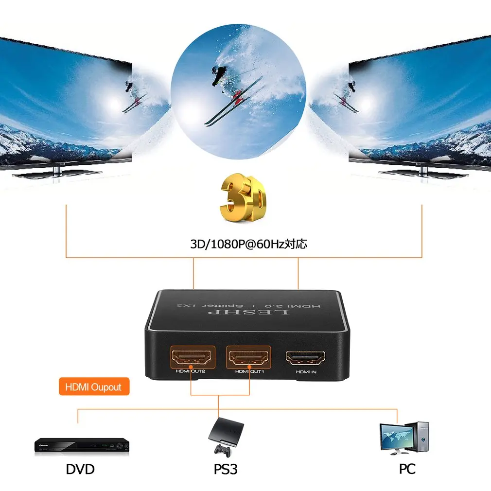 1080P HDMI 2.0 1x2 Splitter Supports Full HD 4x2K 3D One Input to Two Outputs Support Video Format up to 4k2k