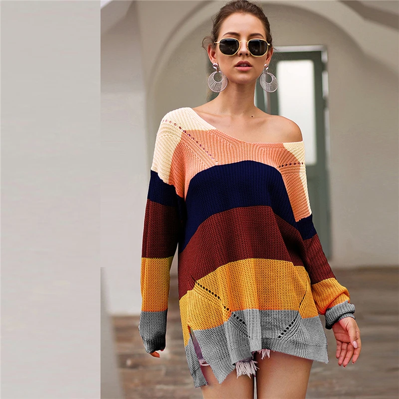 SHEIN Радуга Полосатый Падение плеча Длинный свитер женские топы осень уличная одежда с длинным рукавом V шеи негабаритных Сплит свитера