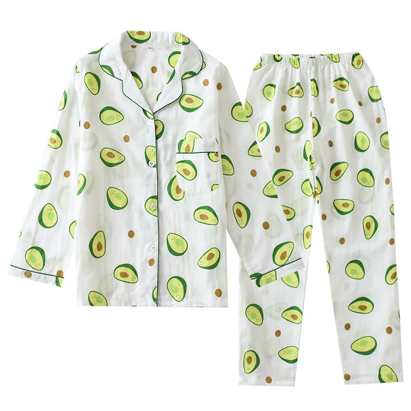 Goede Dames Comfortabele Pyjama Set 100% Katoenen Gaas Cartoon Avocado Gedrukt Vrouwelijke Nachtkleding 2 Stuks Turn down Hals Vrouwen Shirt + broek