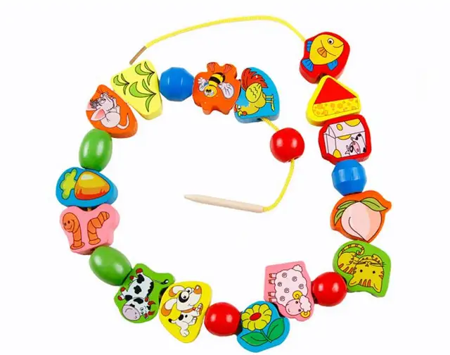26pcs Wooden Toys Baby DIY Toy Cartoon Fruit Animal Stringing Threading Wooden beads Baby Educational Toys Wooden Toys WYW 2