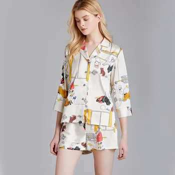 

Sexy Lounge Pijamas Half Sleeve Shirt&Shorts Nightwear Lady Pajamas Suit Satin Cartoon Cute Sleepwear Printed Loose Sleep Set