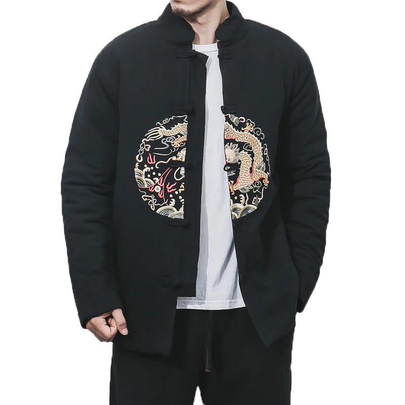 

Thicken Black Traditional Chinese Style Casual Winter Jacket Mens Jackets And Coats Men's Dragon Embroidery Clothing Overcoat