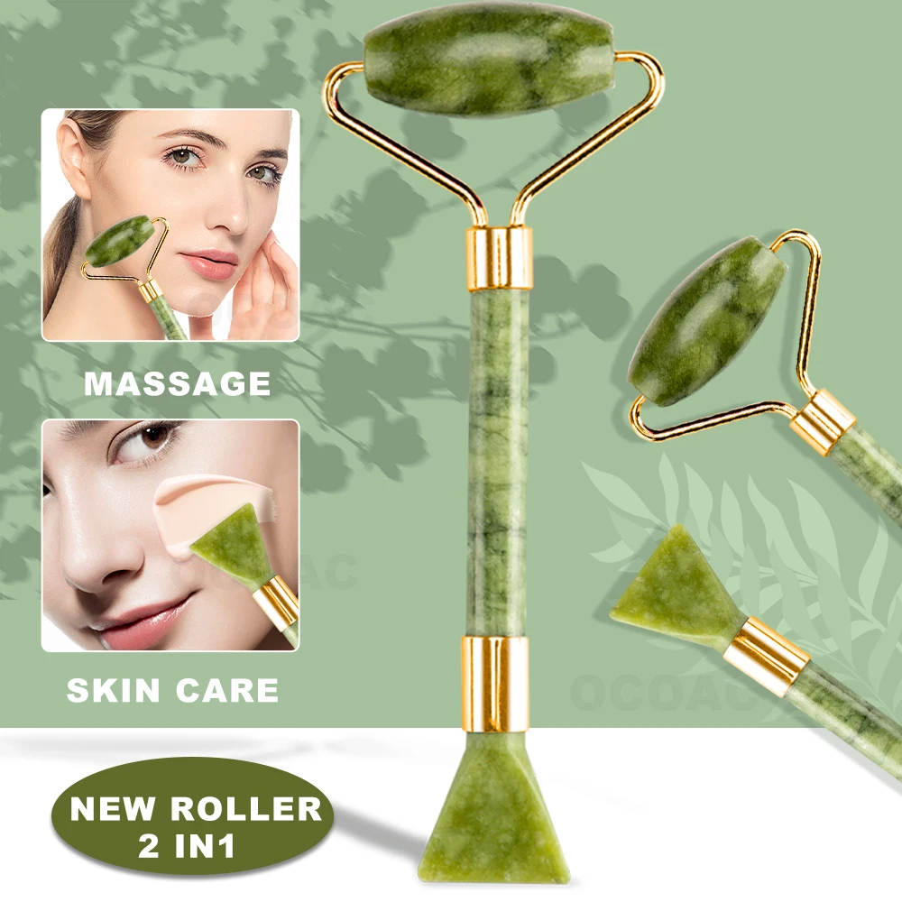 Rodillo de Jade verde Natural para masaje Facial, rodillo de masaje adelgazante para el cuidado de la piel
