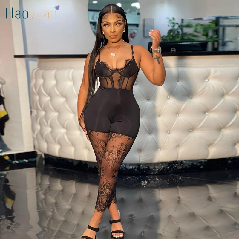 

HAOYUAN Sexy Mesh Sheer Lace Jumpsuit Fitness Corset Tops for Women Summer Festival Clothes One Piece Night Clubwear Outfits