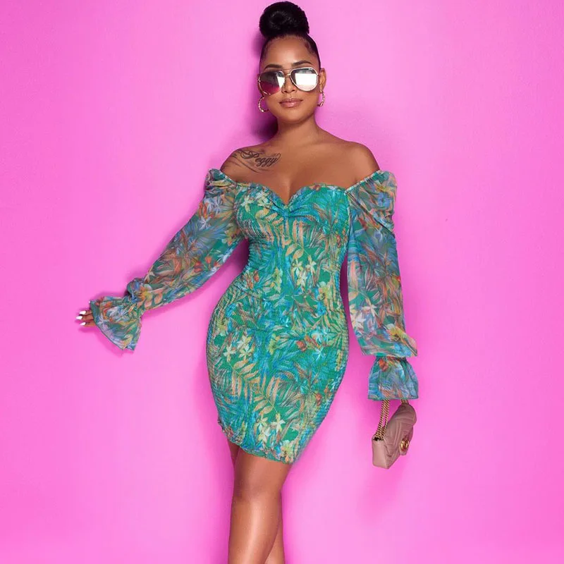 

Sexy Floral Print Off Shoulder Bodycon Dress Women Elegant Flare Sleeve Ruched Mini Dress Night Party Club Dresses Vestidos 2022