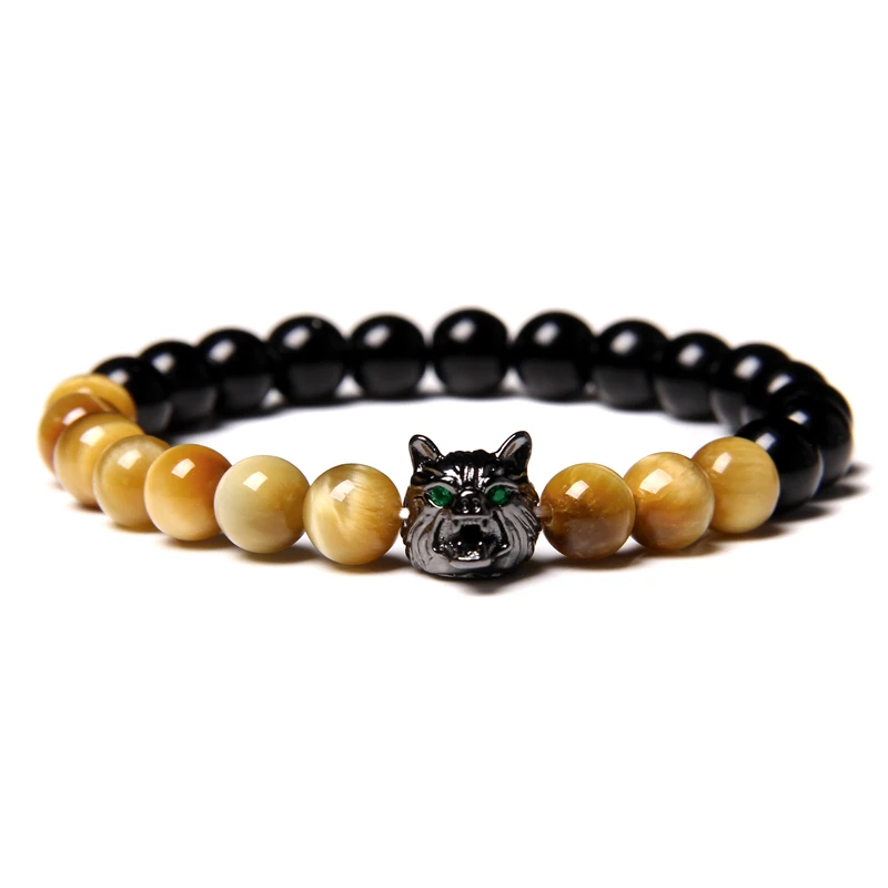 New Handmade 8mm Beaded Bracelet Men Natural Stone Blue Tiger Eye Beads Bracelet Black Wolf Head Charm Energy Bracelet Jewelry 