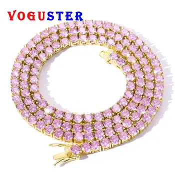 

VOGUSTER High Quality 4mm Round Cut Pink CZ Crystal HIPHOP Tennis Necklace Chains