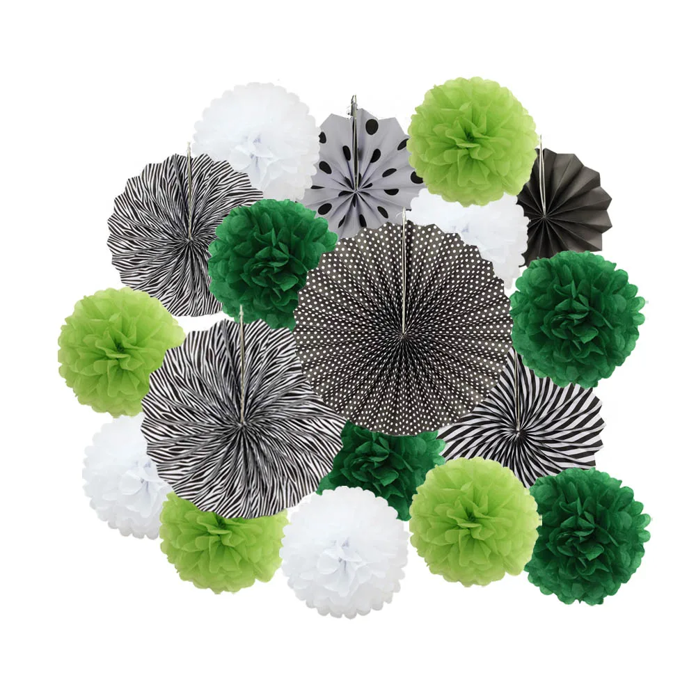 Black Green Set Вечерние украшения для мальчиков и девочек, 18 шт., розовый набор, разные размеры, бумажные поделки для детей, декор для дня рождения, подвесные бумажные веерные украшения с помпонами - Цвет: Black Green Set
