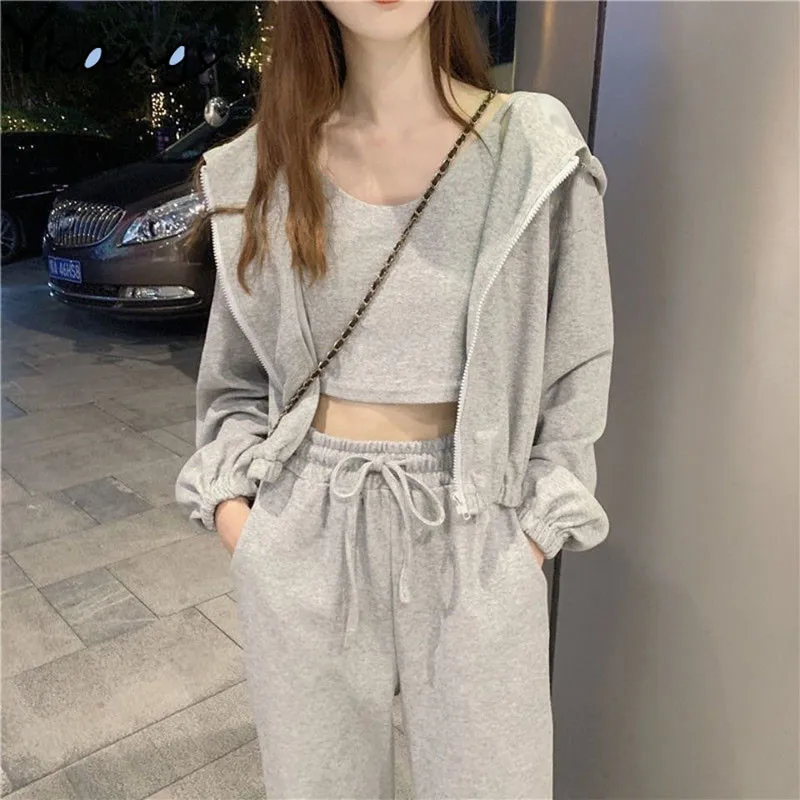Women 3 Piece Set Solid Color Zip Hooded Drawstring Sweatshirts + Sexy vest+ Stretch Waist Casual Pants Fashion Suit tracksuit |