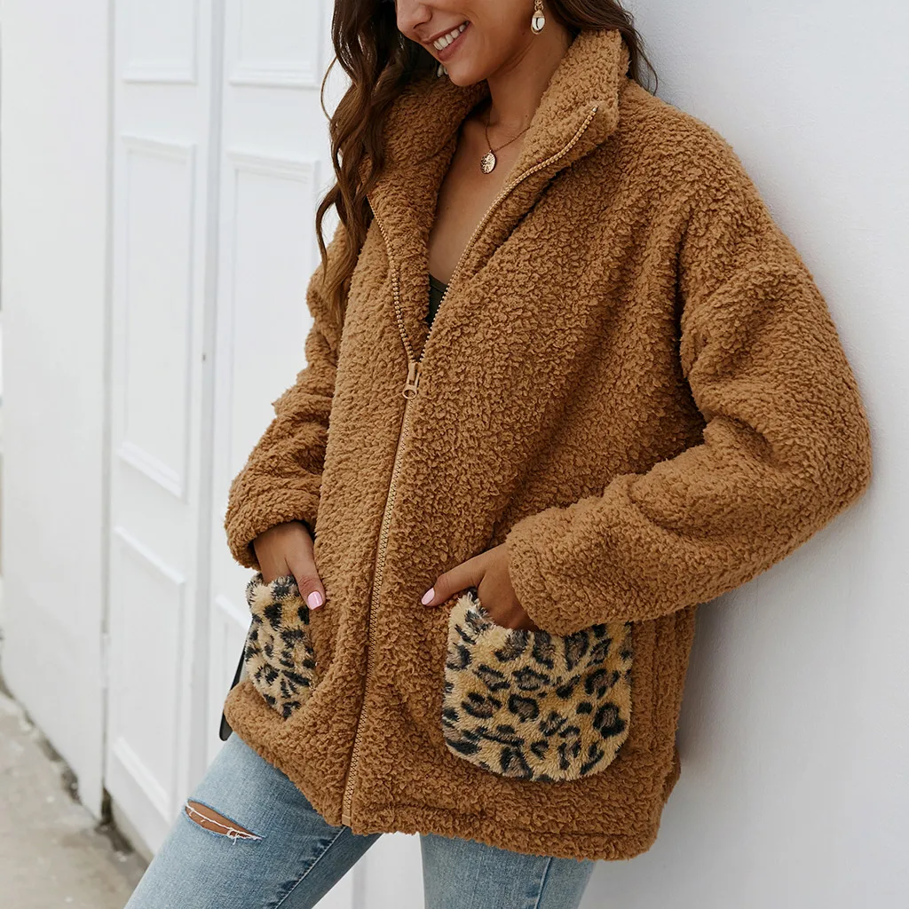 Jaycosin Fashion Women Winter Loose Wild Leopard Print Fleece Coat Stylish Long Sleeve Comfortable Soft Cardigan Zipper Coat22#4
