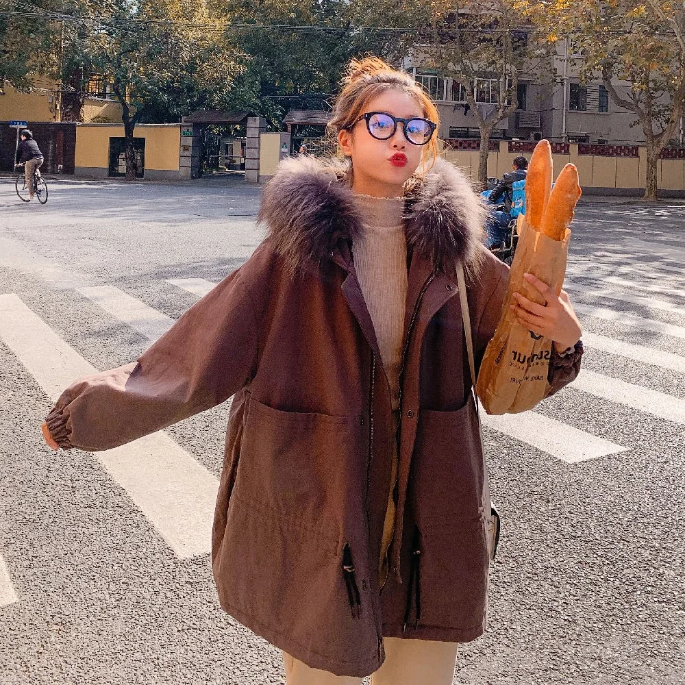 

Photo Shoot CHIC Rosy Brown Mid-length Hooded Large Fur Collar Drawstring Ruffle Hem Pike-Style Workwear Cotton Coat Coat Women'