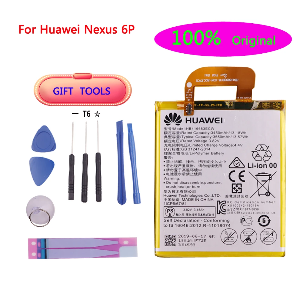 

2019 100% Original battery HB416683ECW 3450mAh for Huawei Nexus 6P H1511 H1512 Original Replacement Battery with Free Tools