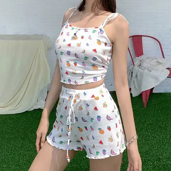 

2 Pieces Fruit Print Strapless Women Pajama Sets Crop Tops+Lace Up Shorts Ladies Homewear Suit Summer Sweet Female Sleepwear Set