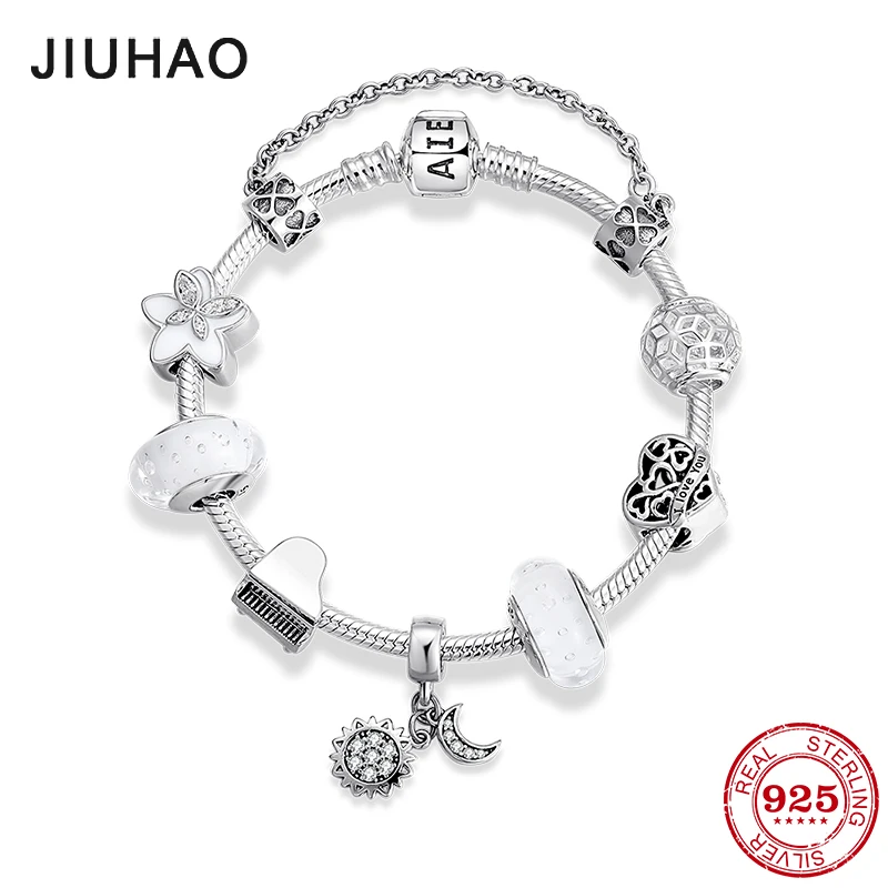 925 пробы серебряный шарм сверкающий солнце с Луной циркония Подвески из бисера браслеты для моды цветок безопасности цепи ювелирные изделия для женщин